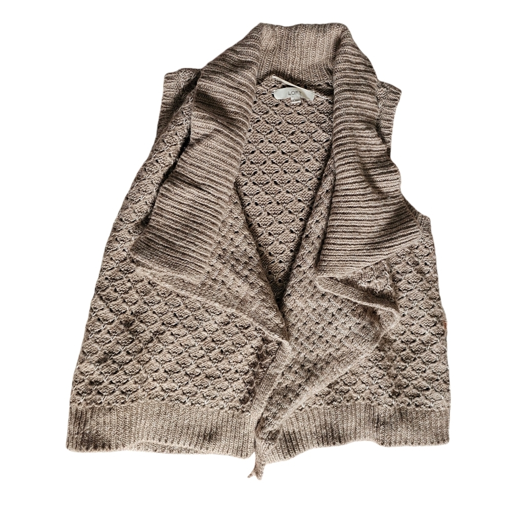 LOFT Taupe Brown Grey Textured Woven Open Front Cardigan
